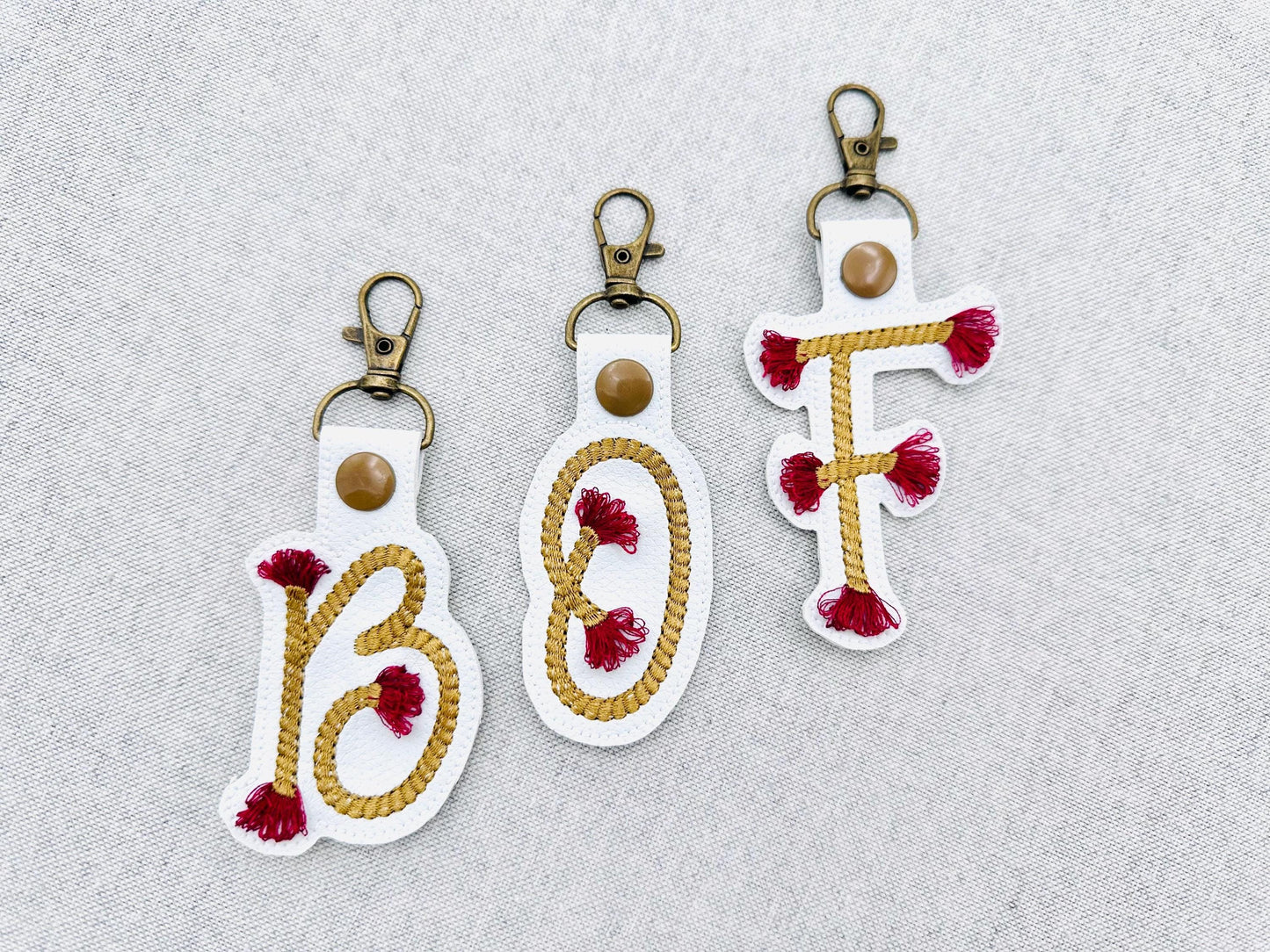 Twisty Rope with fringed Tassel Eyelet and Key Fob Snap Tab Monogram in the hoop ITH keychain machine embroidery designs