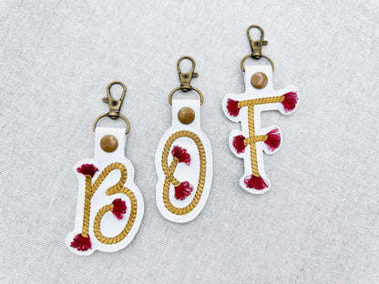 Twisty Rope with fringed Tassel Eyelet and Key Fob Snap Tab Monogram in the hoop ITH keychain machine embroidery designs