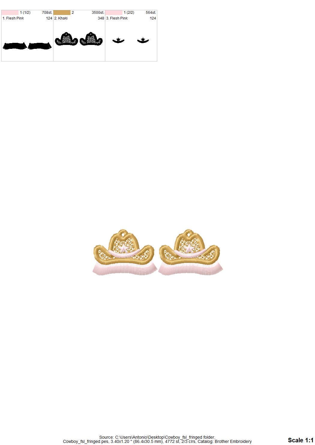 Fringed Cowboy Hat Earrings – In-the-Hoop instant download embroidery file by Artapli