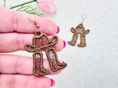 Cowboy Hat and Boots Earrings Machine Embroidery 1.7" 4" | PES DST JEF | Artapli