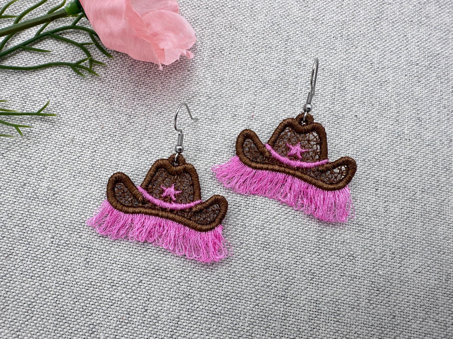 Fringed Cowboy Hat Earrings Embroidery 1.7" 4" | Chenille PES DST JEF | Artapli