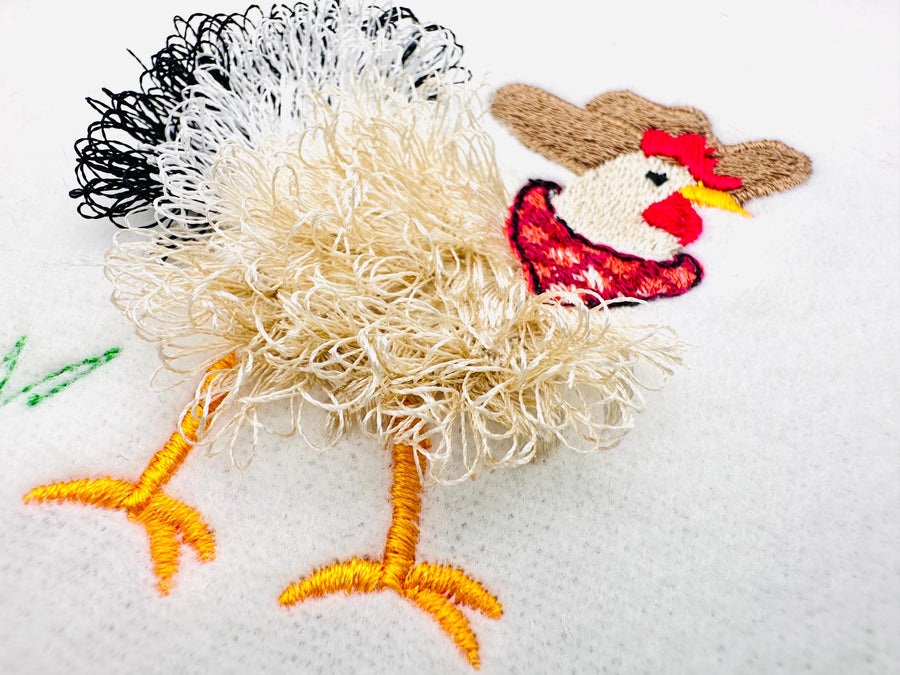 Fringed Chicken with Cowboy hat and bandanna Embroidery 3" 3.5" 4" 4.5" 5" | Chenille PES DST JEF | Artapli