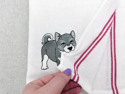 Lovely playing Husky Puppy Dog Mama kitchen dish towel pet animal kids machine embroidery designs ITH