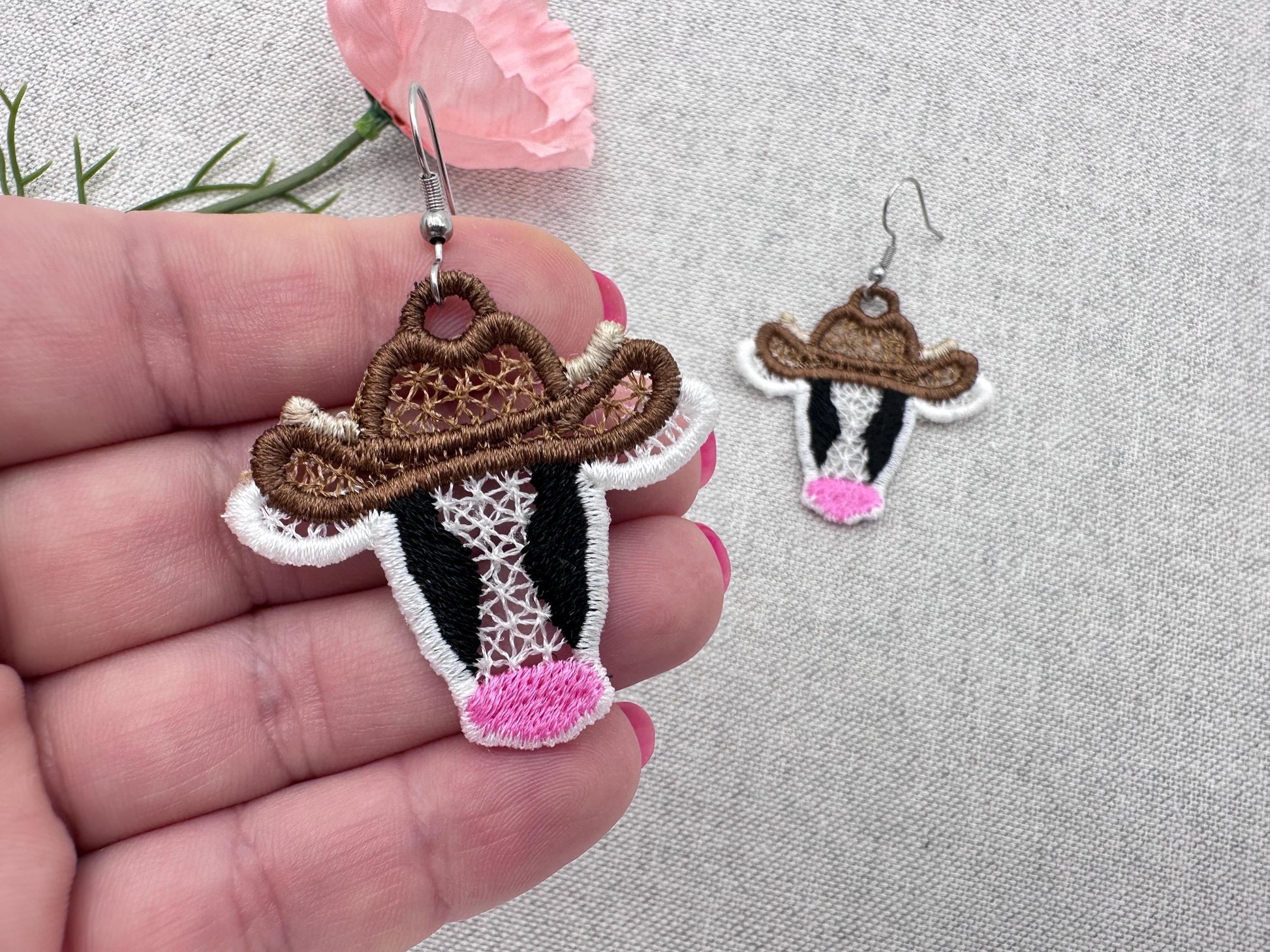 Cow Cowboy Hat Cowgirl girls Earrings charm FSL freestanding lace machine embroidery designs in the hoop