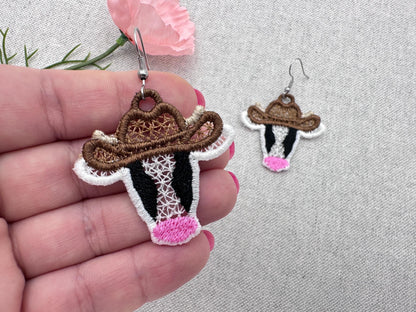 Cow Cowboy Hat Cowgirl girls Earrings charm FSL freestanding lace machine embroidery designs in the hoop