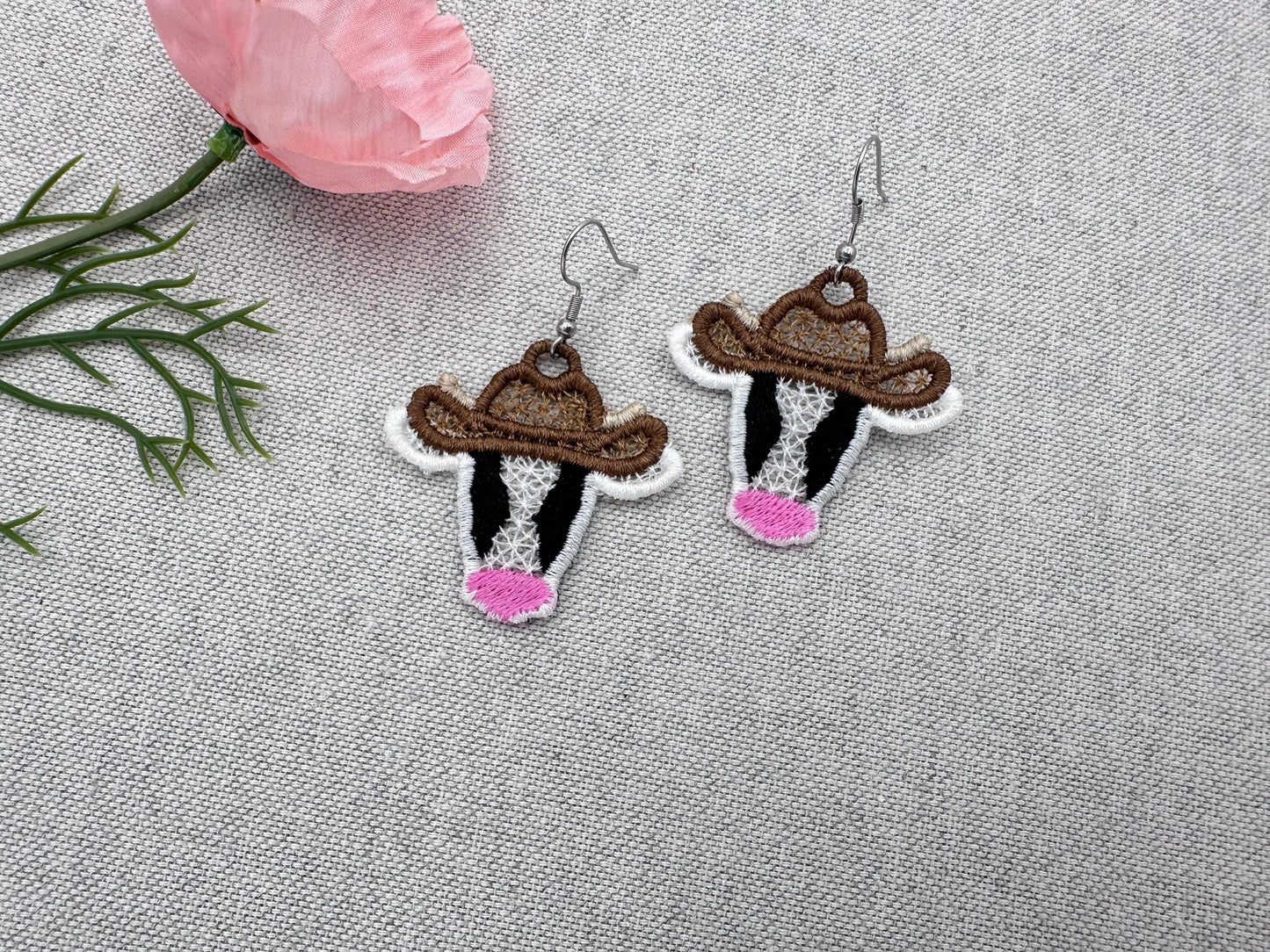 Cow Cowboy Hat Cowgirl girls Earrings charm FSL freestanding lace machine embroidery designs in the hoop