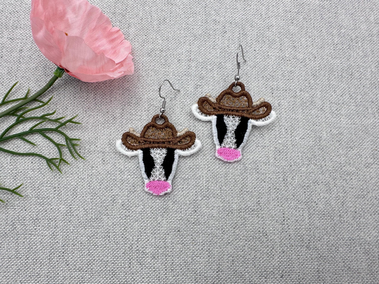 Cow Cowboy Hat Cowgirl girls Earrings charm FSL freestanding lace machine embroidery designs in the hoop