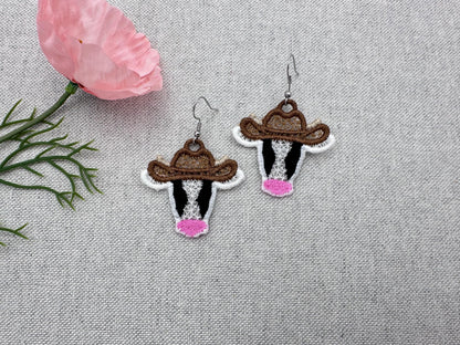 Cow Cowboy Hat Cowgirl girls Earrings charm FSL freestanding lace machine embroidery designs in the hoop