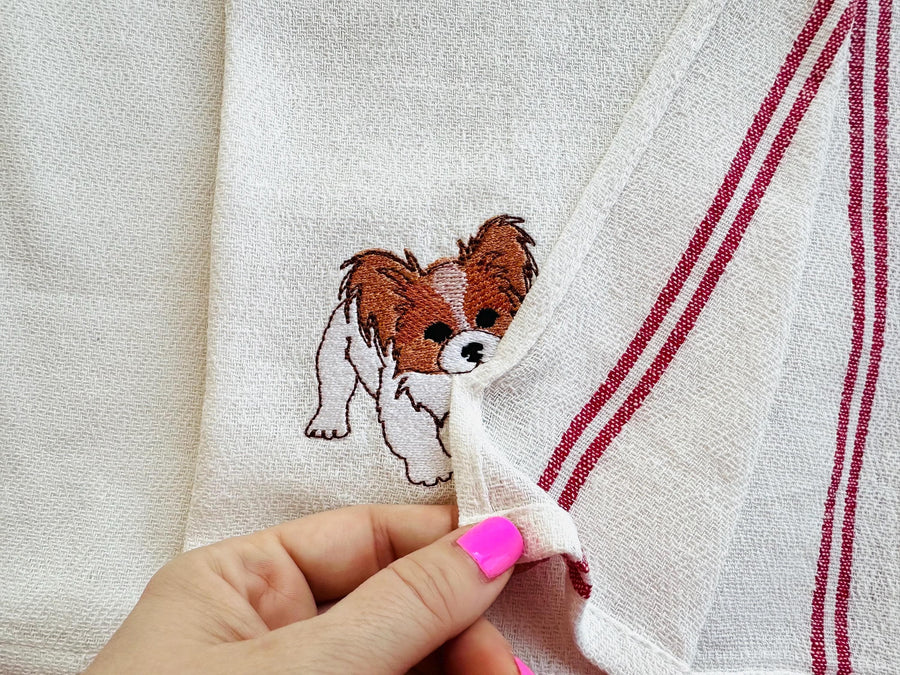 Cute Playing Little Papillon Puppy Dog Mama kitchen dish towel pet animal kids machine embroidery designs ITH