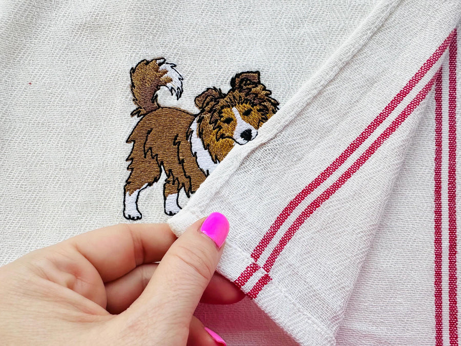 Cute Playing Sheltie Puppy Dog Shetland Sheepdog kitchen dish towel animal kids machine embroidery designs ITH