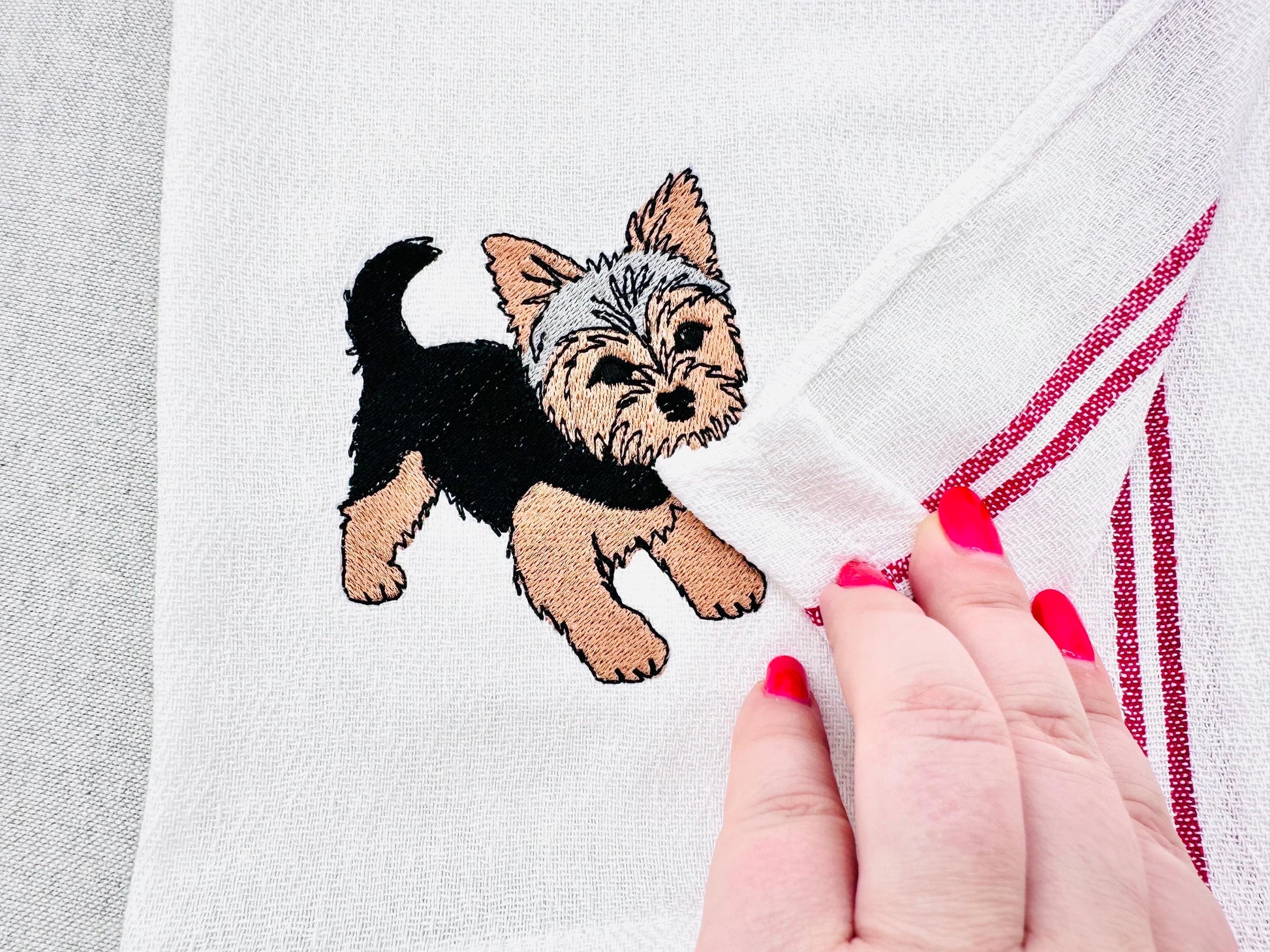 Cute Playing Little Yorkie Puppy Dog Mama kitchen dish towel pet animal kids machine embroidery designs ITH