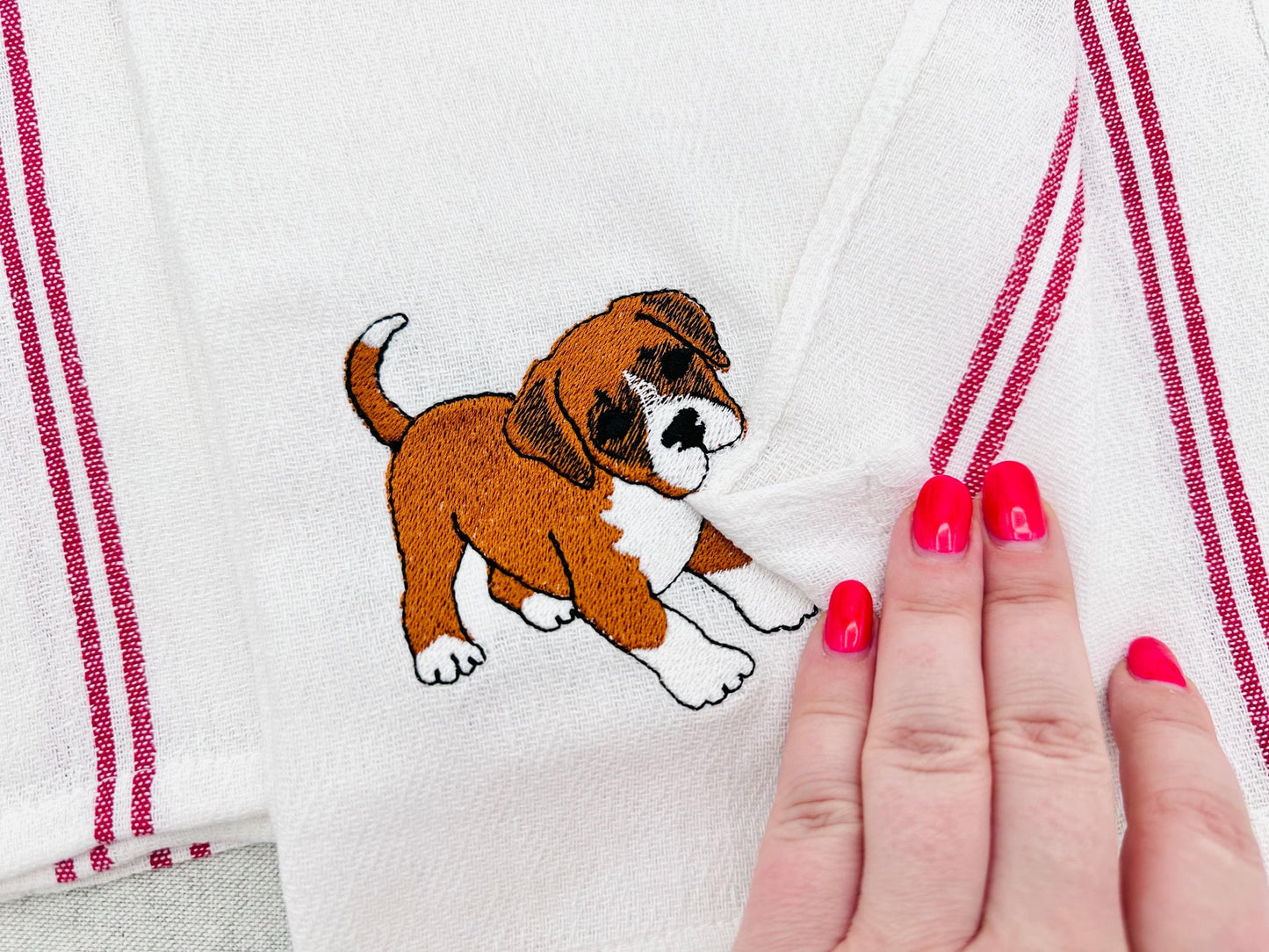 Cute Playing Boxer Puppy Dog Mama kitchen dish towel pet animal kids machine embroidery designs ITH