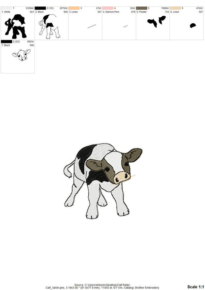 Cute Playing Little Bull Heifer Calf baby cow kitchen dish towel Farm animal kids machine embroidery designs ITH