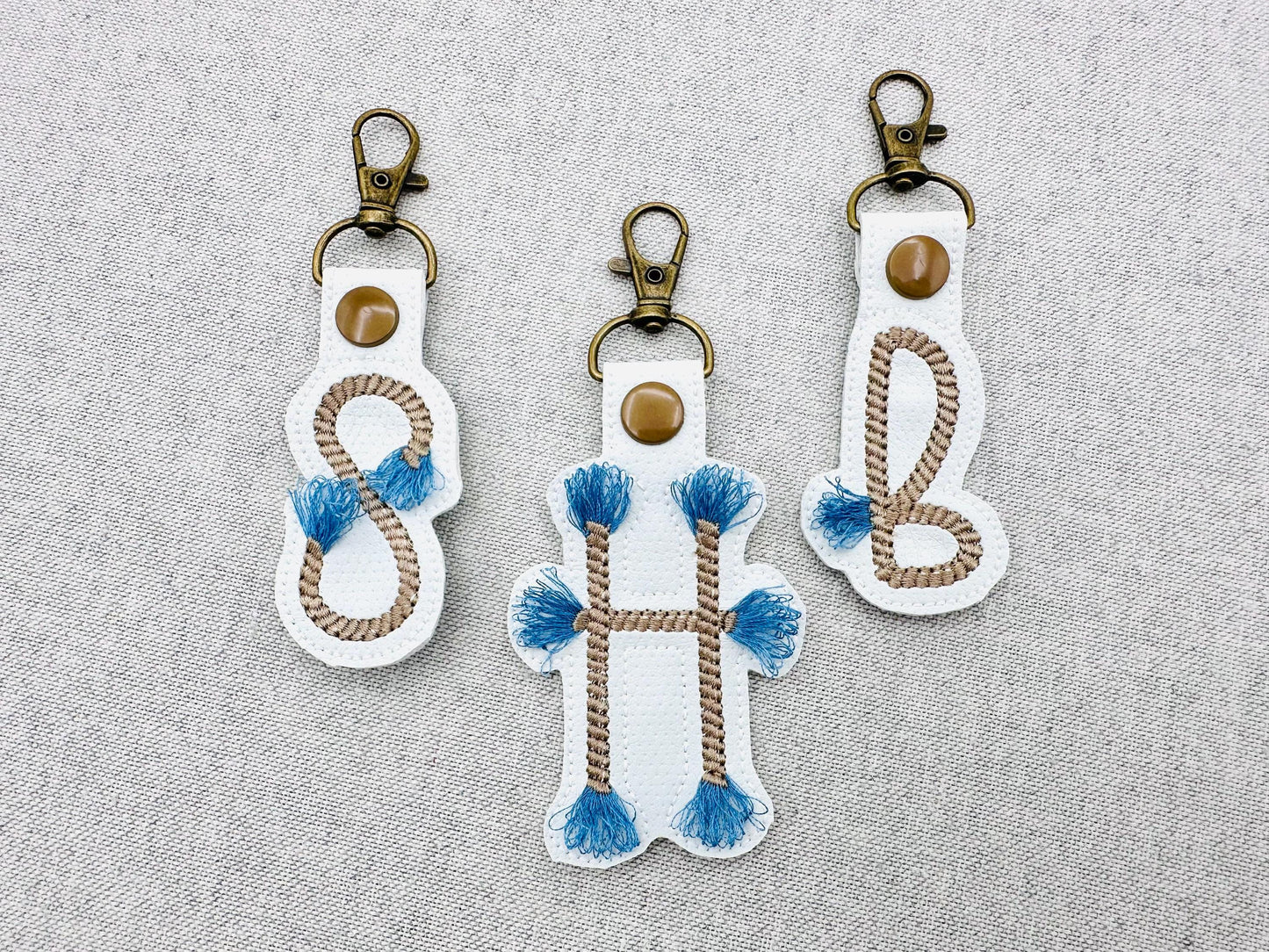 Rope stitch with fringed Tassel Monogram Eyelet and Key Fob Snap Tab Keychain ITH machine embroidery designs