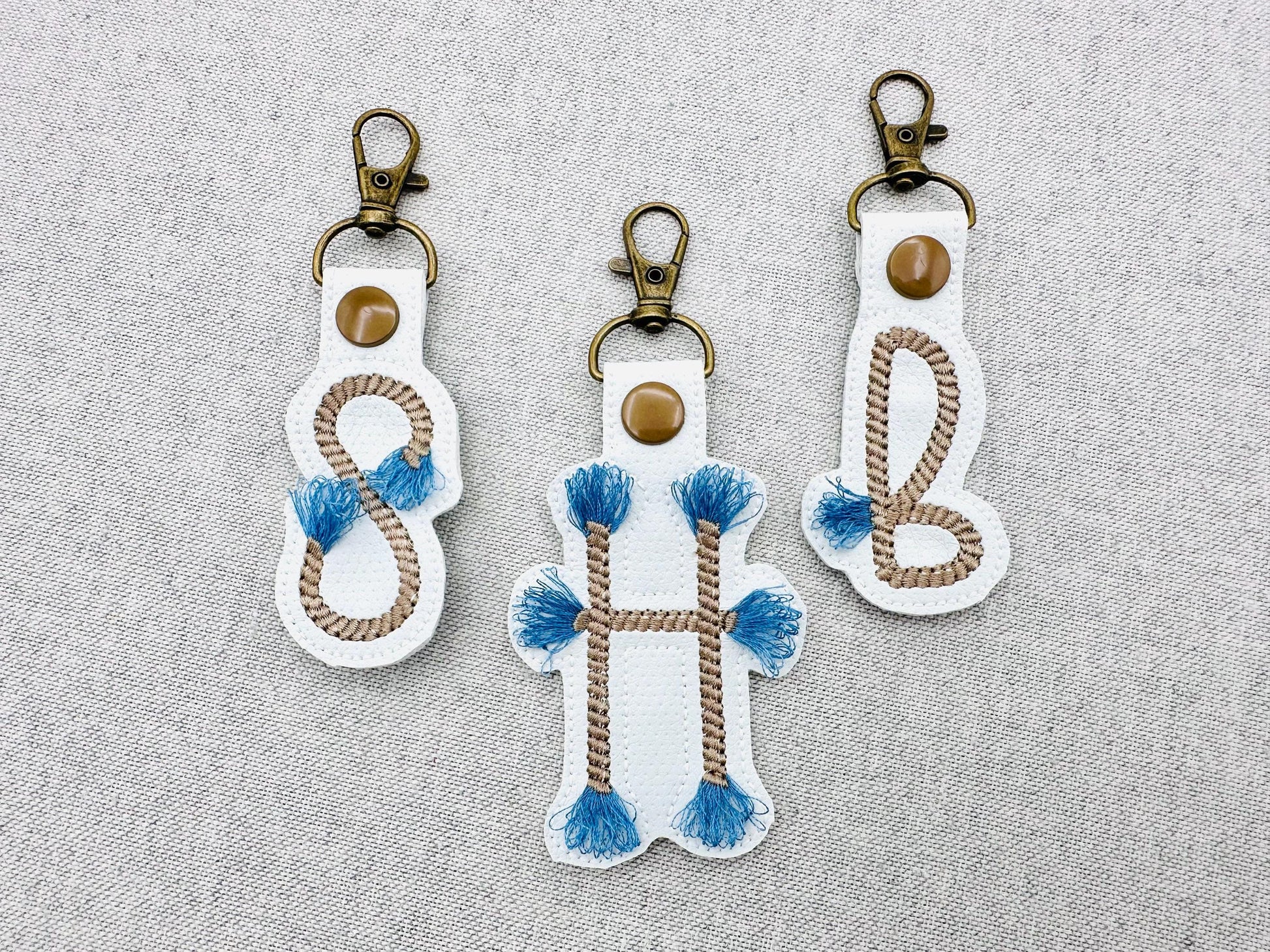 Rope stitch with fringed Tassel Monogram Eyelet and Key Fob Snap Tab Keychain ITH machine embroidery designs