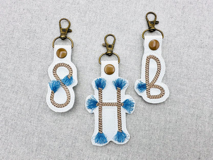 Rope stitch with fringed Tassel Monogram Eyelet and Key Fob Snap Tab Keychain ITH machine embroidery designs