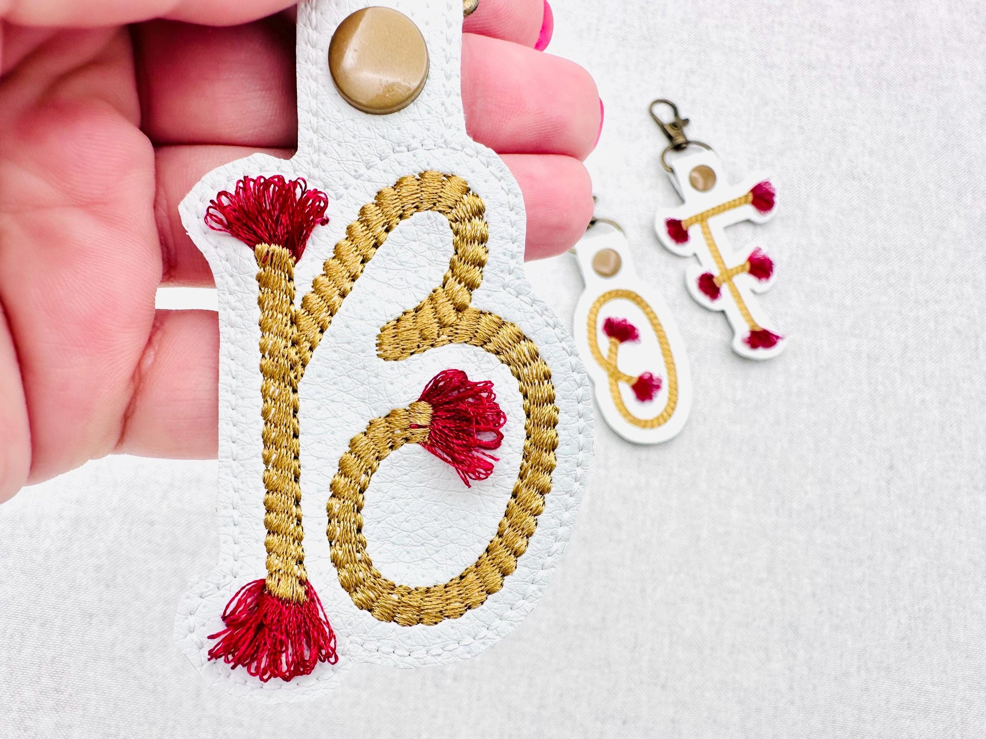 Twisty Rope with fringed Tassel Eyelet and Key Fob Snap Tab Monogram in the hoop ITH keychain machine embroidery designs