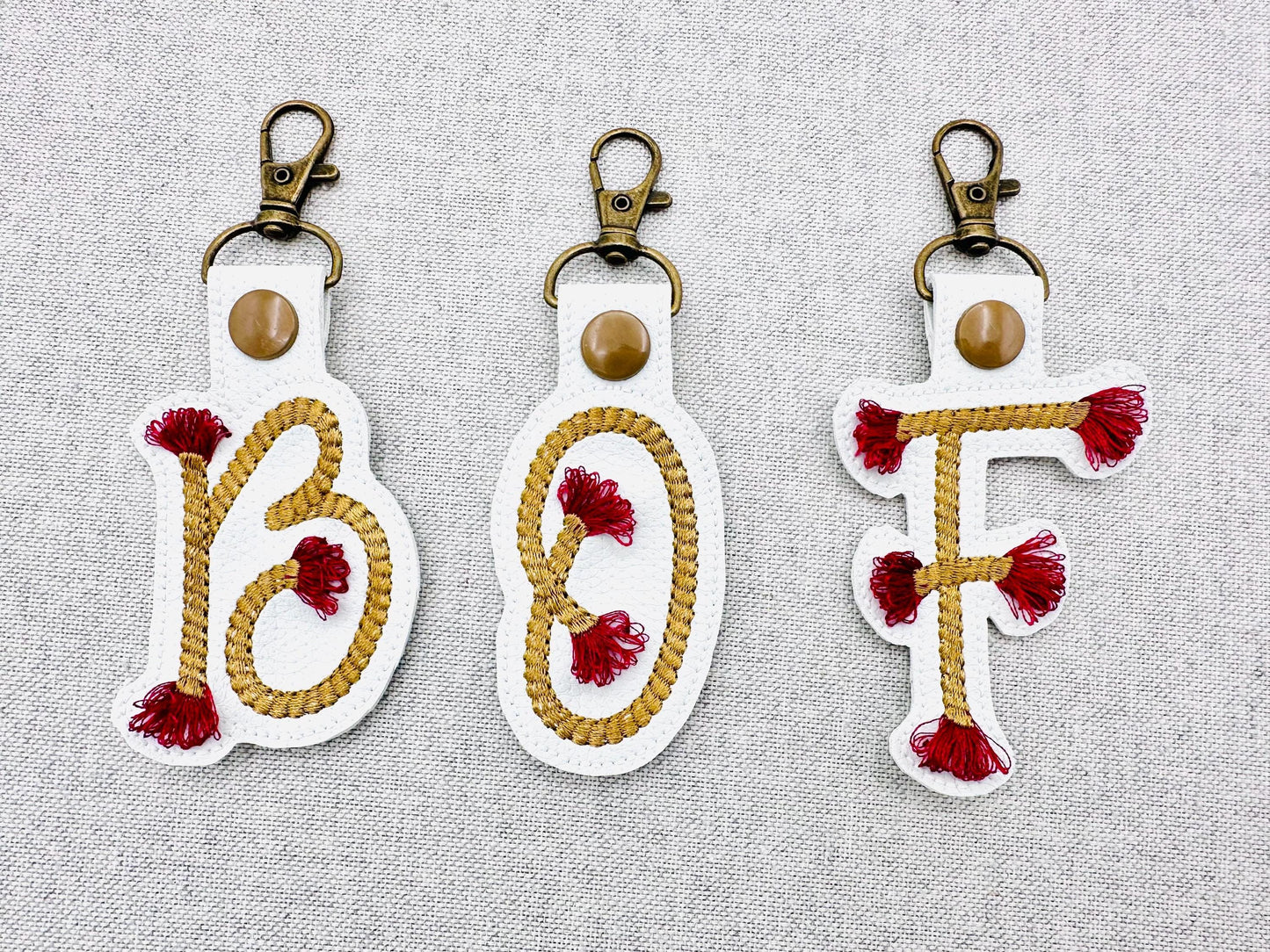 Twisty Rope with fringed Tassel Eyelet and Key Fob Snap Tab Monogram in the hoop ITH keychain machine embroidery designs