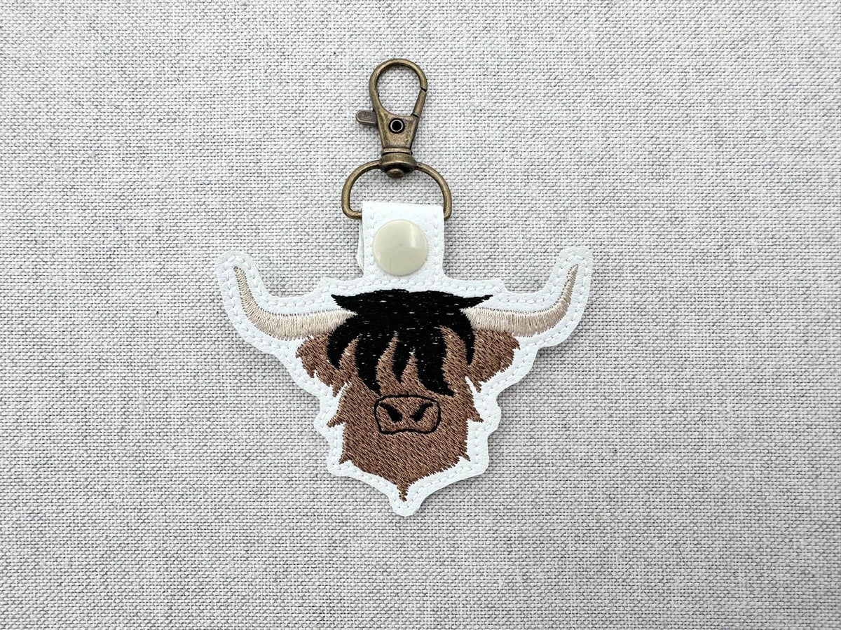 Highland Cow Bull fill stitch Eyelet and Key Fob Snap Tab keychain in the hoop machine embroidery designs ITH farm animal