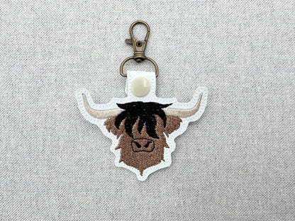 Highland Cow Bull fill stitch Eyelet and Key Fob Snap Tab keychain in the hoop machine embroidery designs ITH farm animal