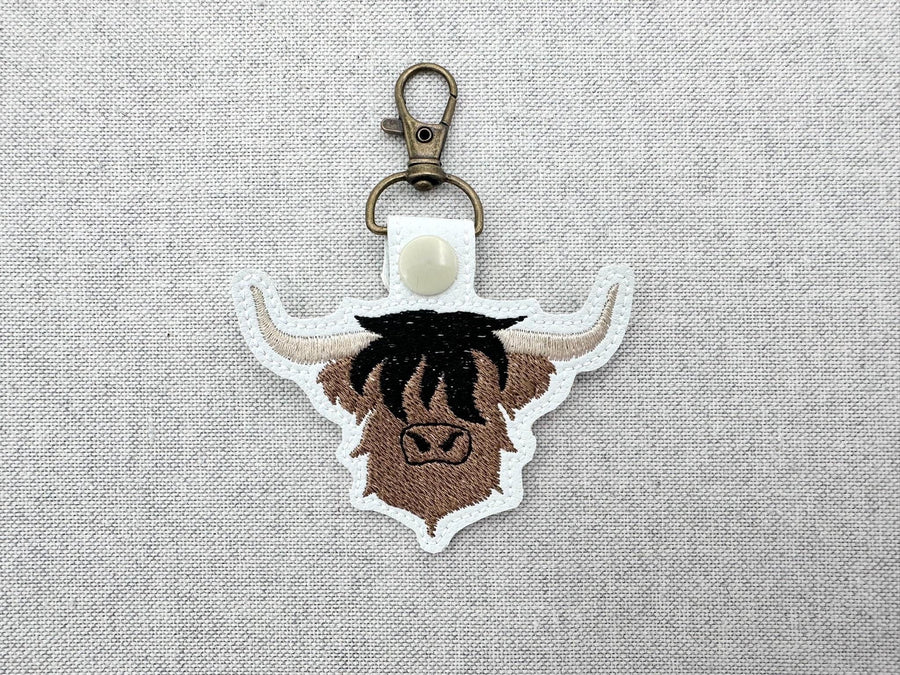 Highland Cow Bull fill stitch Eyelet and Key Fob Snap Tab keychain in the hoop machine embroidery designs ITH farm animal