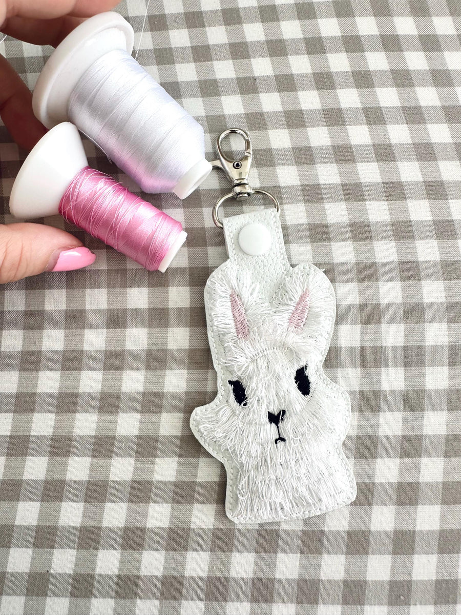 Fluffy Bunny key fob snap tab and eyelet Easter Bunny keychain in the hoop fringed machine embroidery designs ITH