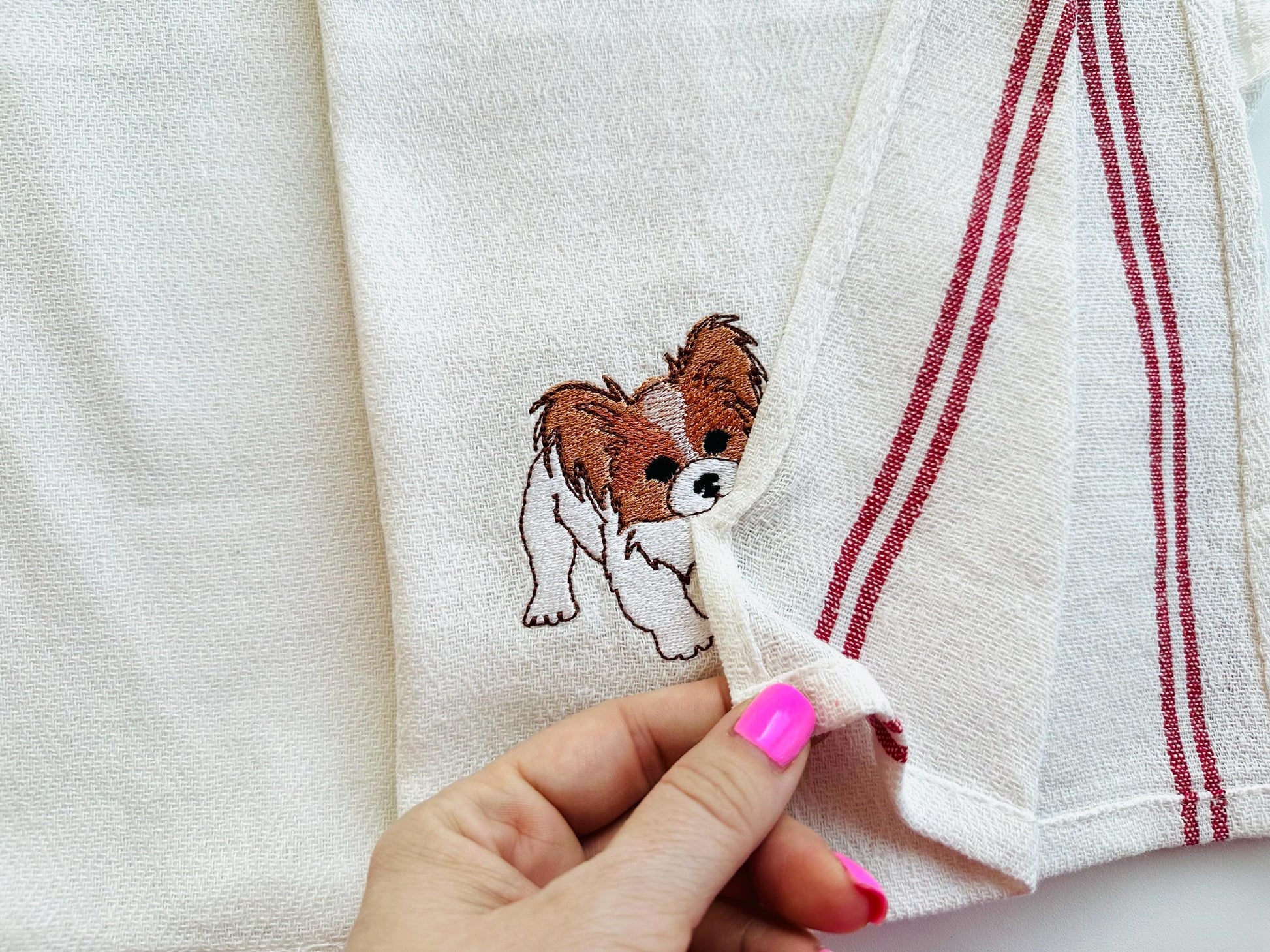 Cute Playing Little Papillon Puppy Dog Mama kitchen dish towel pet animal kids machine embroidery designs ITH