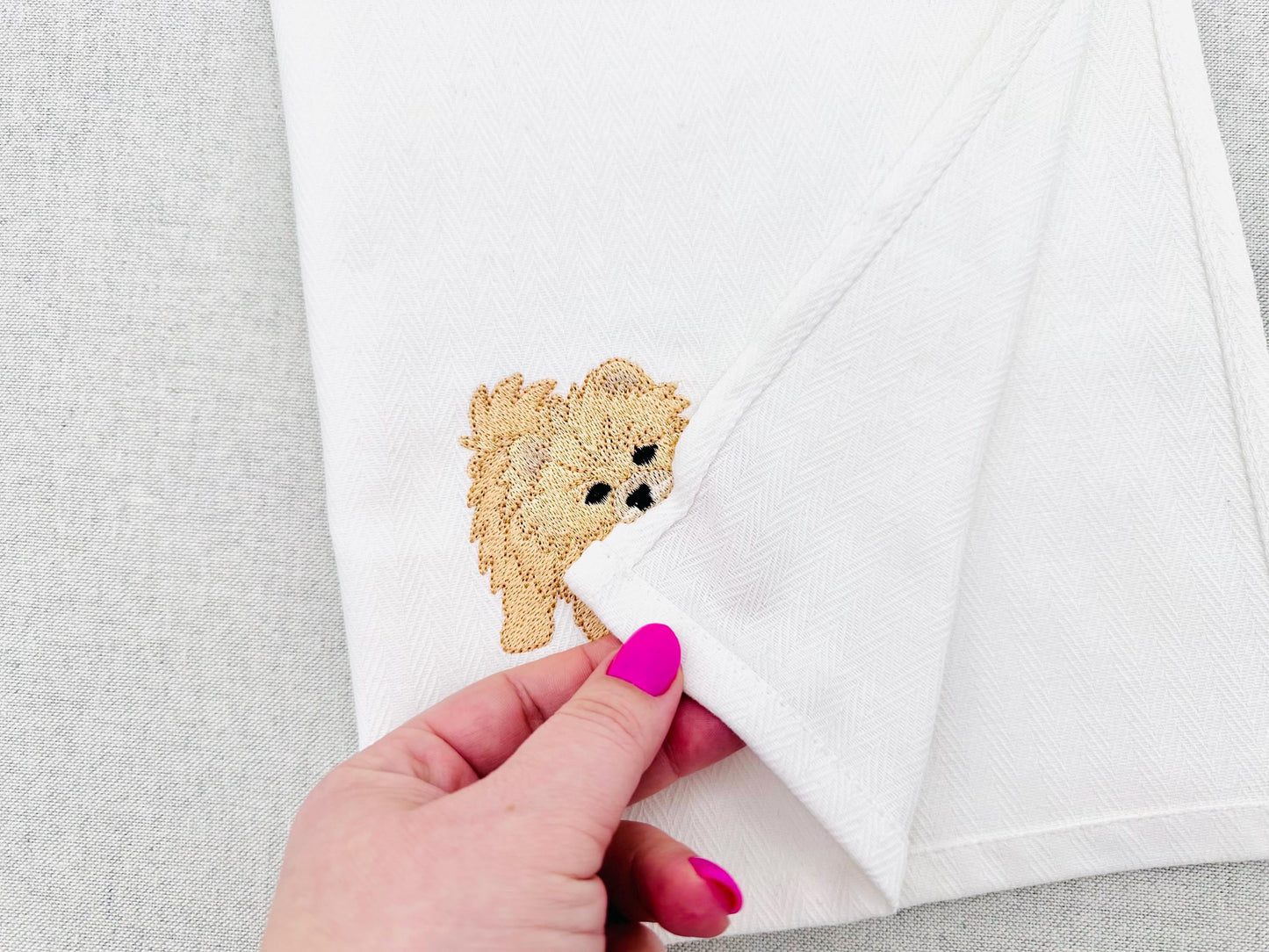 Playing little Spitz Puppy Dog Mama kitchen dish towel pet animal kids machine embroidery designs ITH