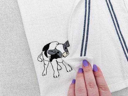 Cute Playing Little Bull Heifer Calf baby cow kitchen dish towel Farm animal kids machine embroidery designs ITH