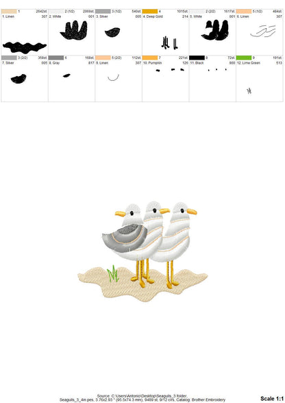 Fringed Fluffy Seagull Flock of 3 bird sea beach summer fringe chenille special WS thread machine embroidery designs