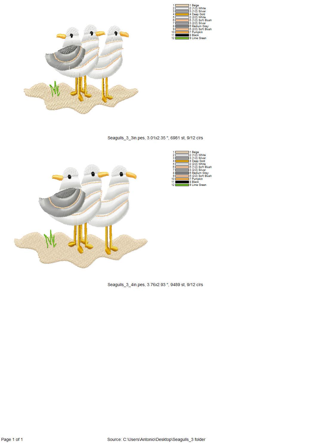 Fringed Fluffy Seagull Flock of 3 bird sea beach summer fringe chenille special WS thread machine embroidery designs