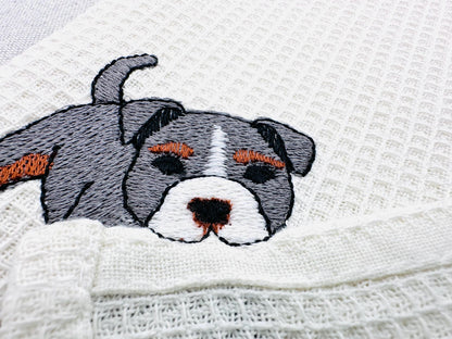 Pocket Bully Playing Mini Bulldog Puppy Dog Mama kitchen dish towel animal kids machine embroidery designs ITH