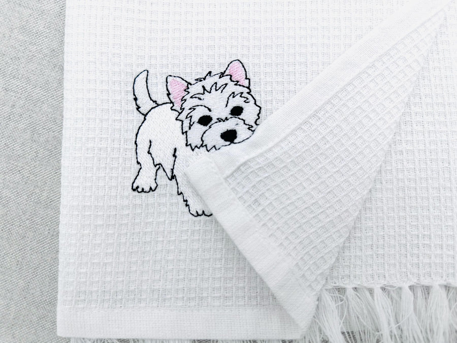 Playing Westie West Highland Terrier Puppy Dog kitchen dish towel animal kids machine embroidery designs ITH