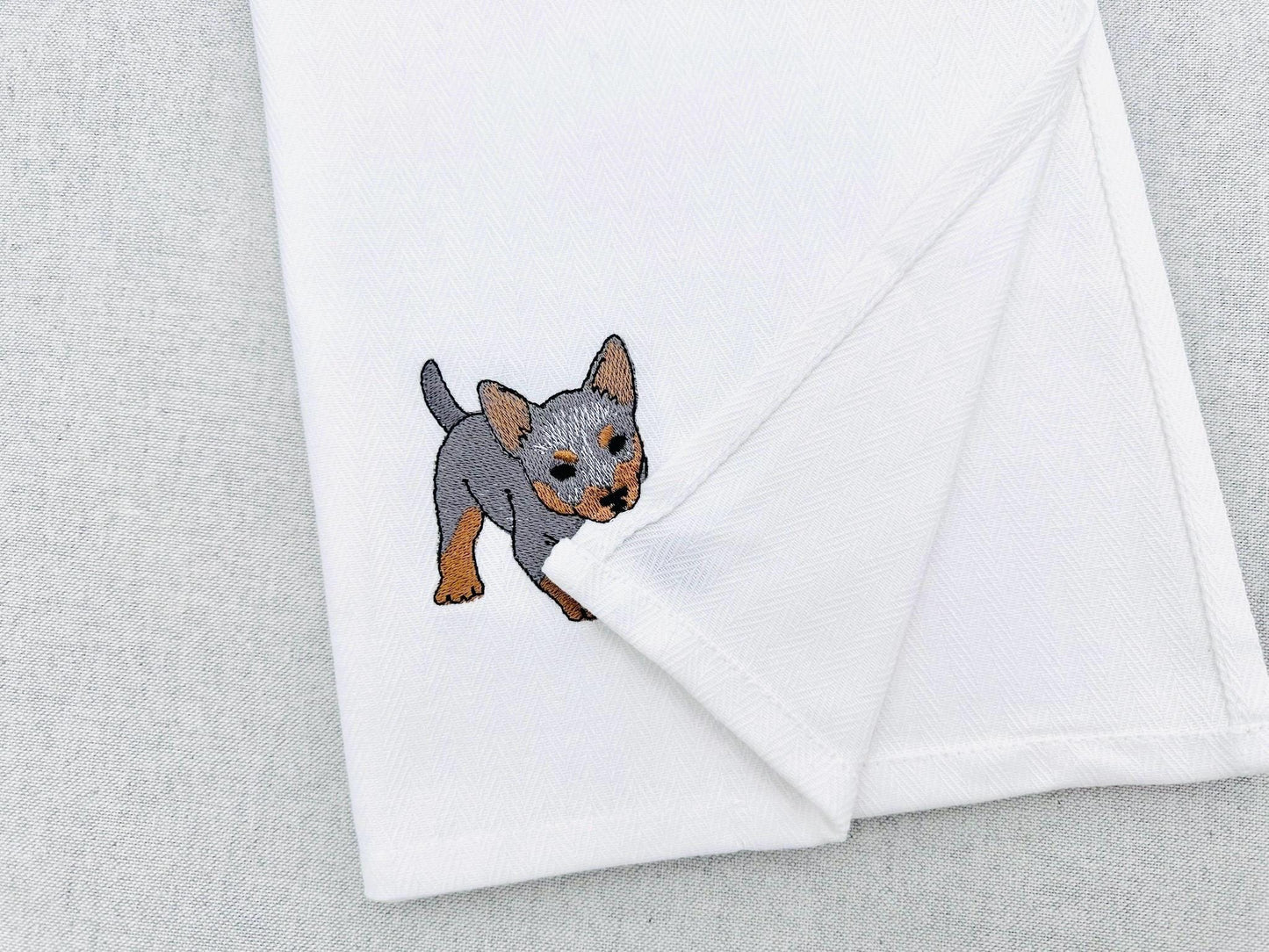 Playing Blue Heeler Puppy Dog Mama kitchen dish towel pet animal kids machine embroidery designs ITH