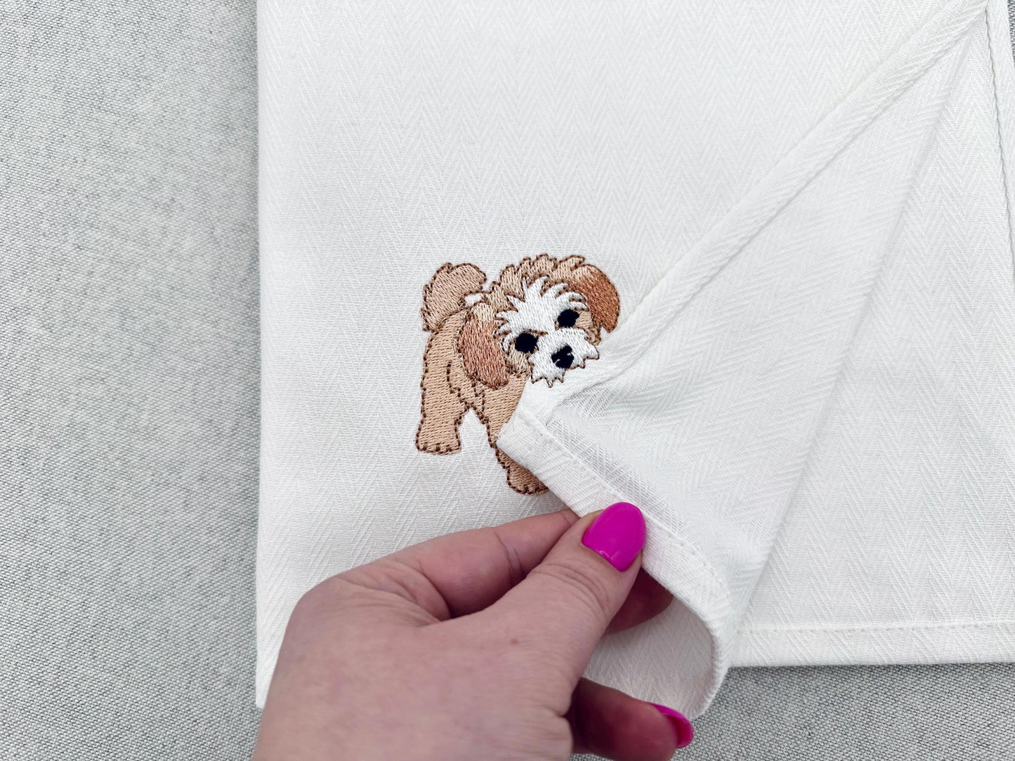 Playing Peekaboo Puppy Dog Mama kitchen dish towel pet animal Thief kids machine embroidery designs ITH