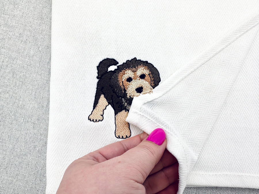 Playing Shepadoodle Puppy Dog Mama kitchen dish towel pet animal Thief kids machine embroidery designs ITH