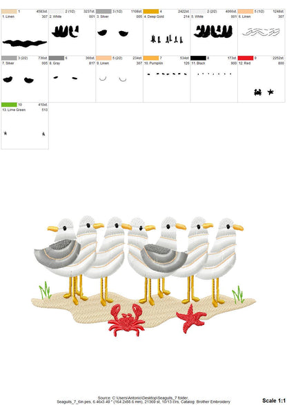 Fringed Fluffy Seagull Flock of 7 bird sea beach summer fringe chenille special WS thread machine embroidery designs