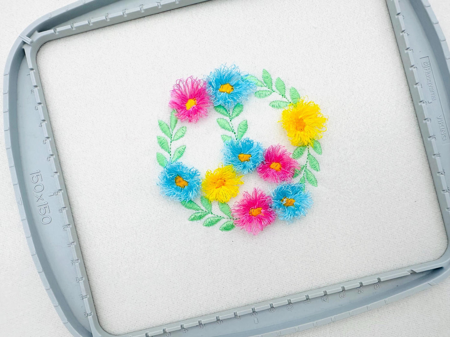 Fringed Floral Peace Sign Leaf and Flower Fluffy Fringe chenille daisy machine embroidery designs