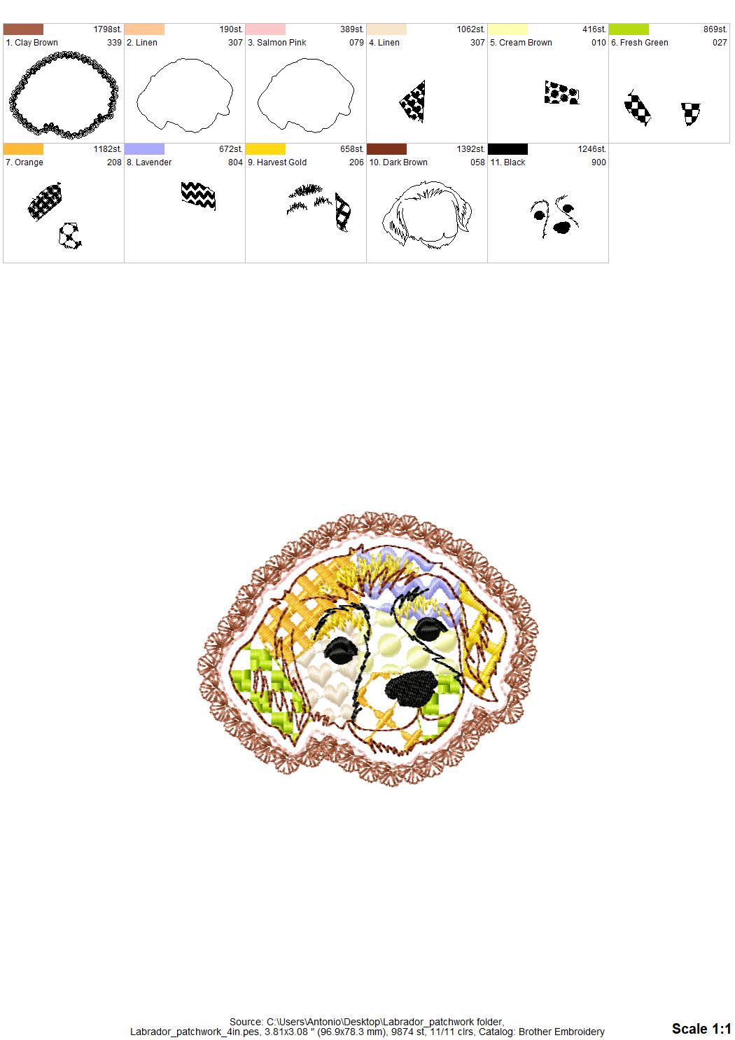 Labrador Golden Retriever Applique Patchwork and Lace Edge patterned Puppy dog machine embroidery designs
