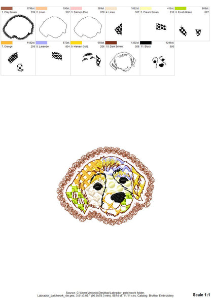 Labrador Golden Retriever Applique Patchwork and Lace Edge patterned Puppy dog machine embroidery designs