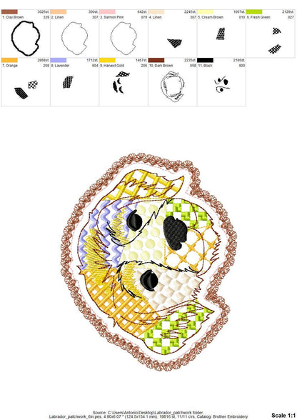 Labrador Golden Retriever Applique Patchwork and Lace Edge patterned Puppy dog machine embroidery designs