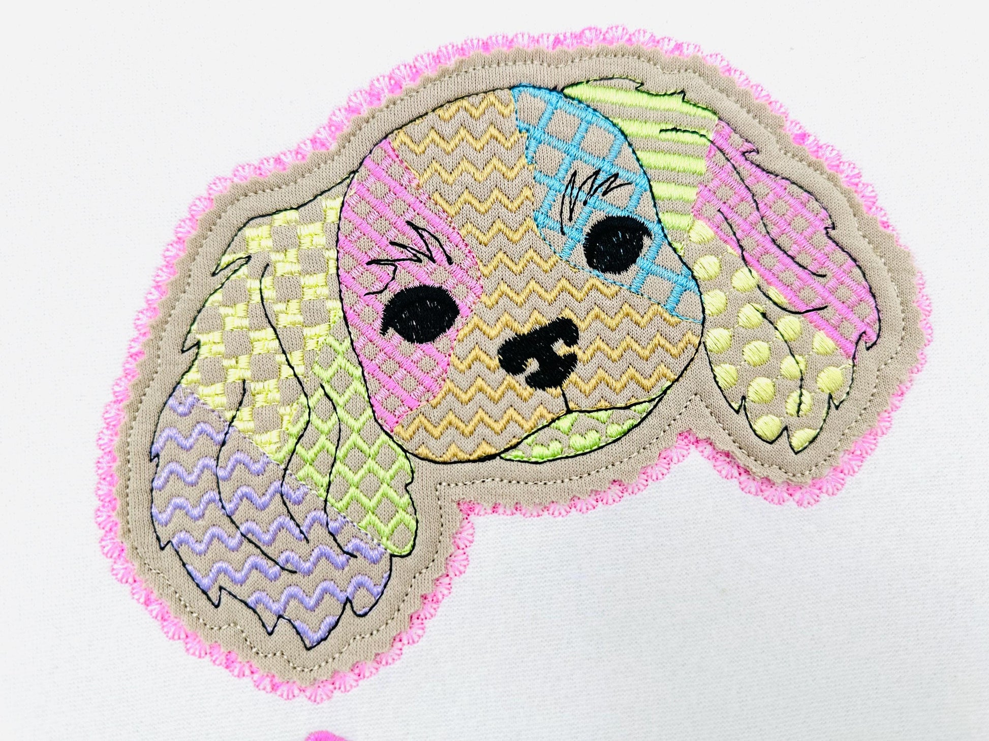 Cavalier King Charles Spaniel Applique Patchwork and Lace Edge patterned Puppy machine embroidery designs