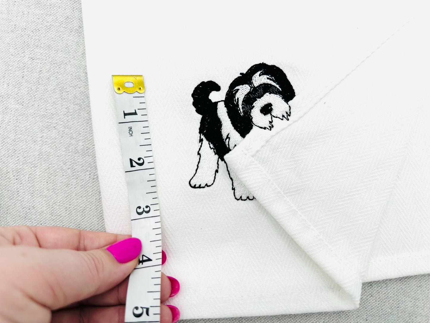 Playing Tibetan Terrier Puppy Dog Mama kitchen dish towel pet animal kids machine embroidery designs ITH