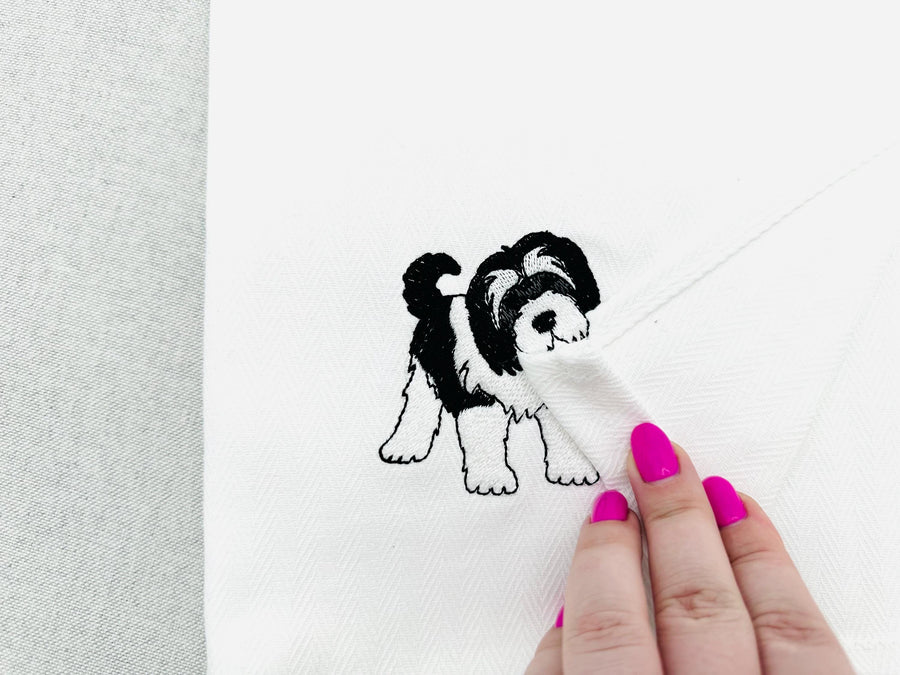 Playing Tibetan Terrier Puppy Dog Mama kitchen dish towel pet animal kids machine embroidery designs ITH