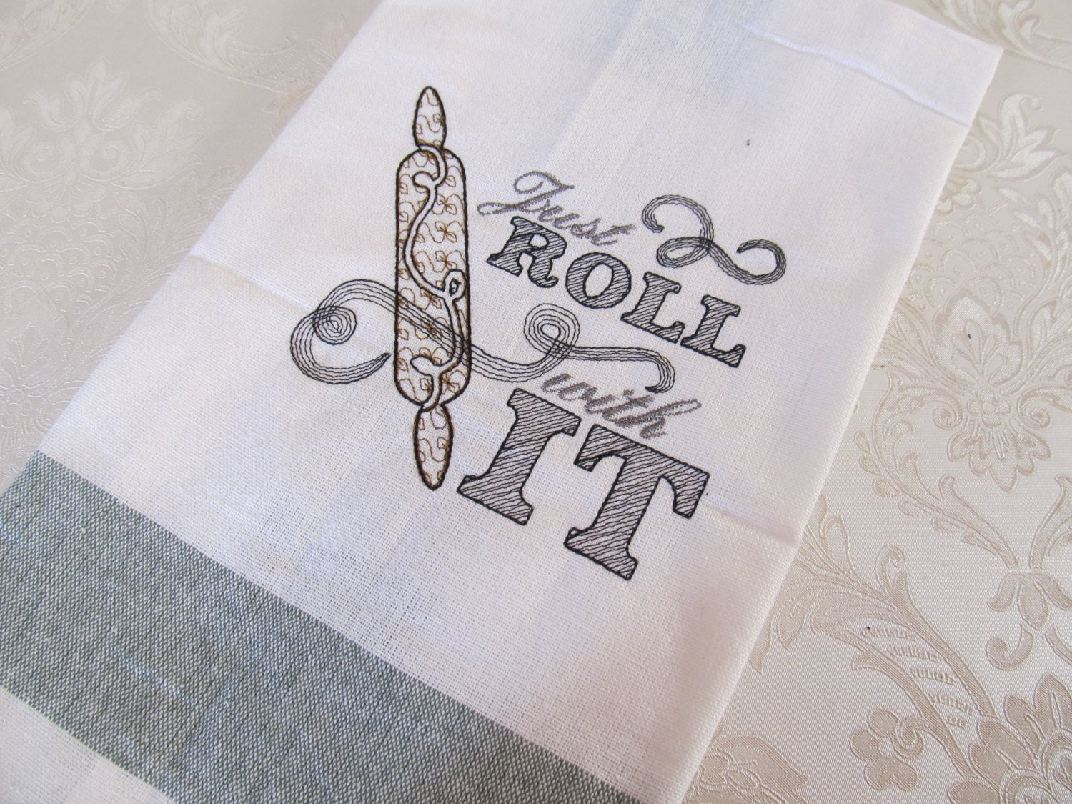 Just roll with it saying quote kitchen dish towel machine embroidery designs quick stitch