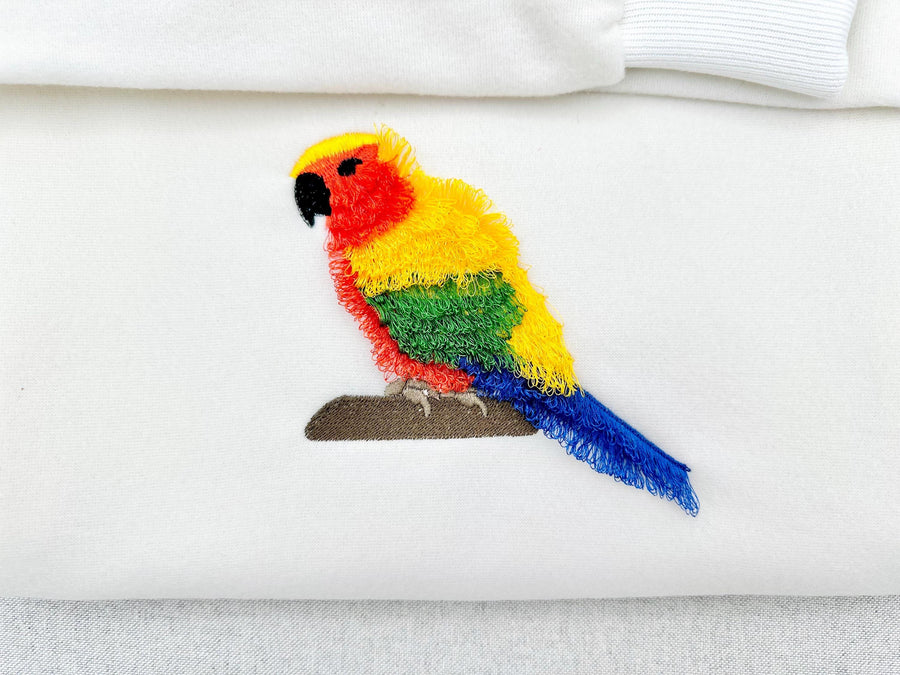 Sun Conure Parrot fringed fluffy feathers pet little bird fringe fur machine embroidery designs