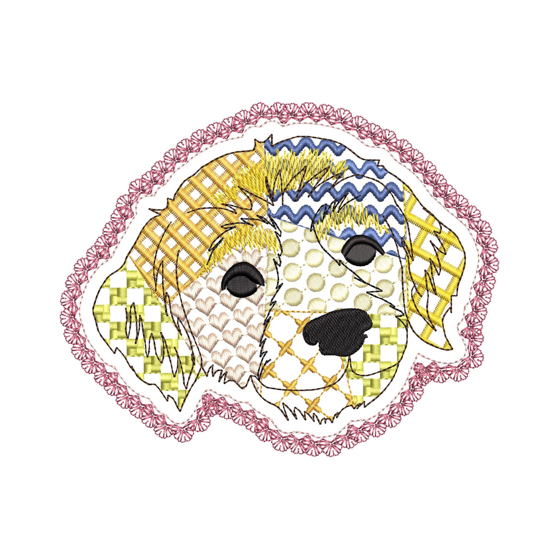 Labrador Golden Retriever Applique Patchwork and Lace Edge patterned Puppy dog machine embroidery designs