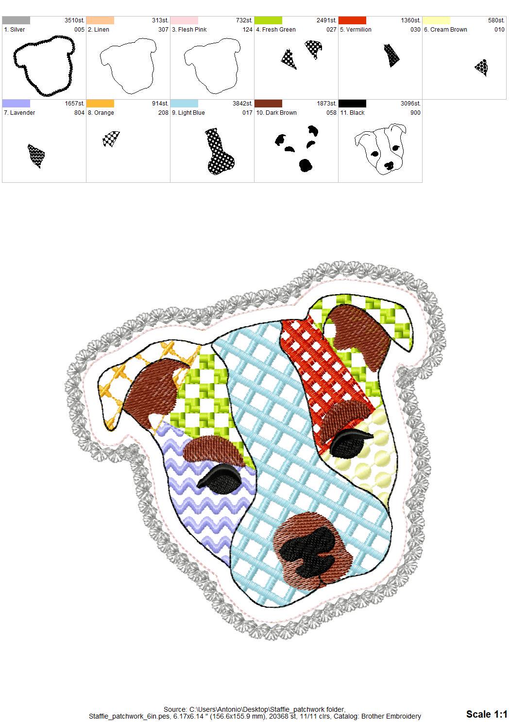Staffie Staffordshire Bull Terrier Applique Patchwork Lace Edge patterned Puppy dog machine embroidery designs