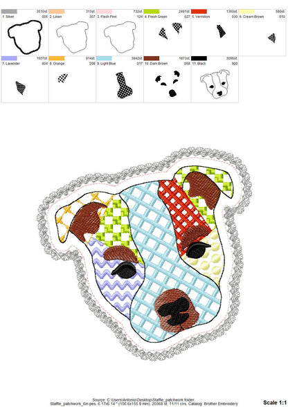 Staffie Staffordshire Bull Terrier Applique Patchwork Lace Edge patterned Puppy dog machine embroidery designs