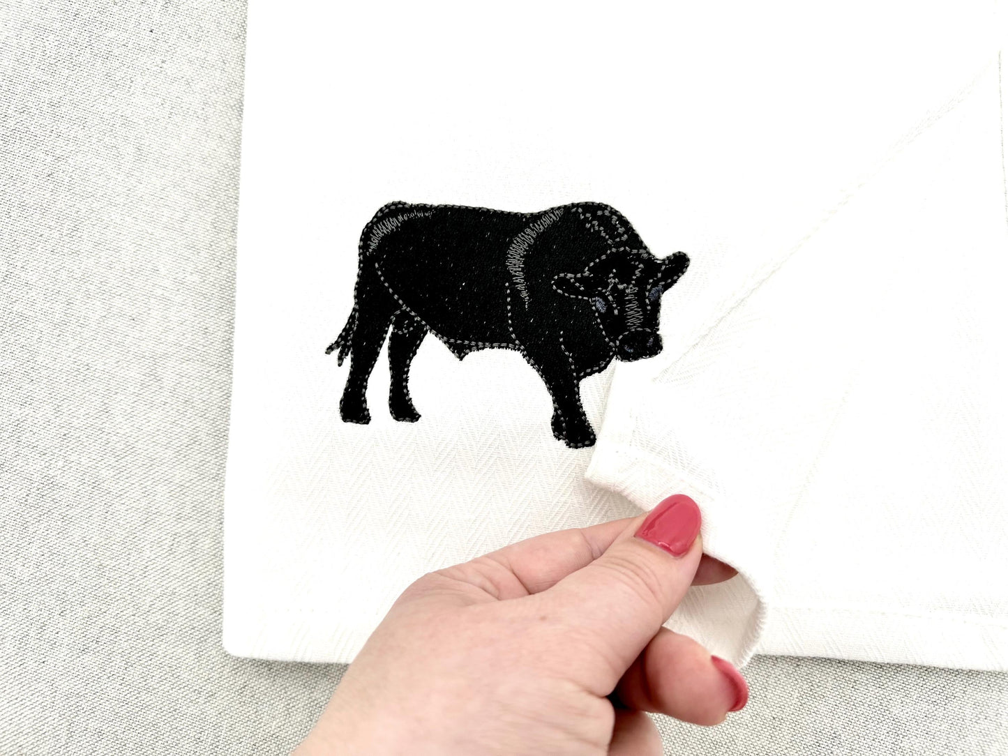 Naughty Playing Black Angus Bull kitchen dish towel Farm animal Thief machine embroidery designs ITH